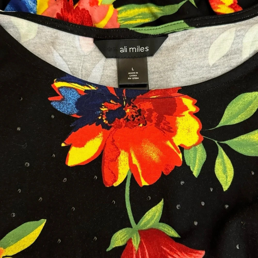 Ali Miles | Knit Tropical Floral Print Tunic Round Neck High Low Hem - Picture 8 of 9